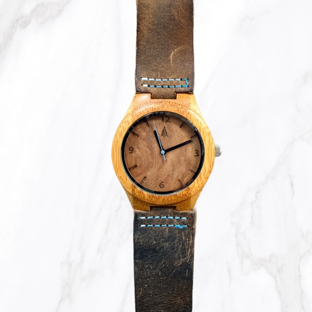Treehut Women’s Bamboo Wooden Watch | Distressed Leather w/ Blue Stitching